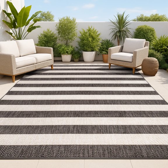 JONATHAN Y SANTA MONICA 5 x 8 Area Rug, Negril Two-Tone Wide Stripe - Black/Beige, SMB203B-5