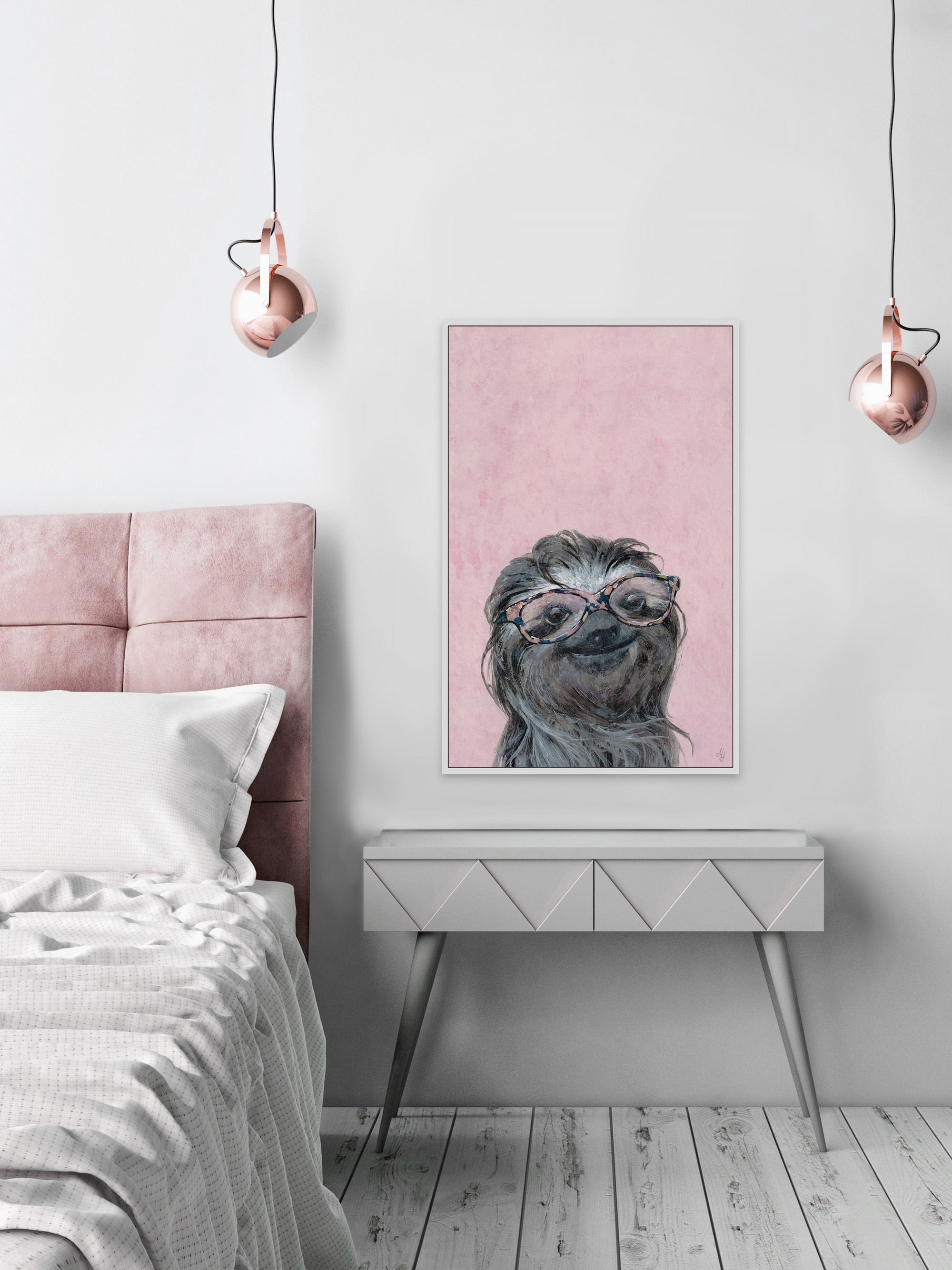 Sloth in Pink Floater Framed Painting Print on Canvas