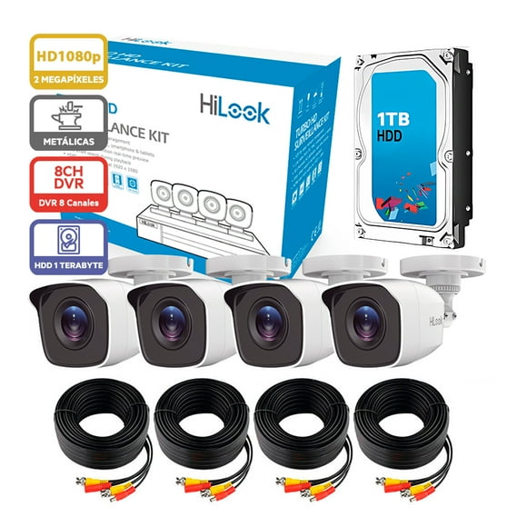 Kit Cctv Hilook 1080p 4 Cámaras Tipo Bala Metálicas 8 Canales Disco Duro HL28LQKITS-M-1TB
