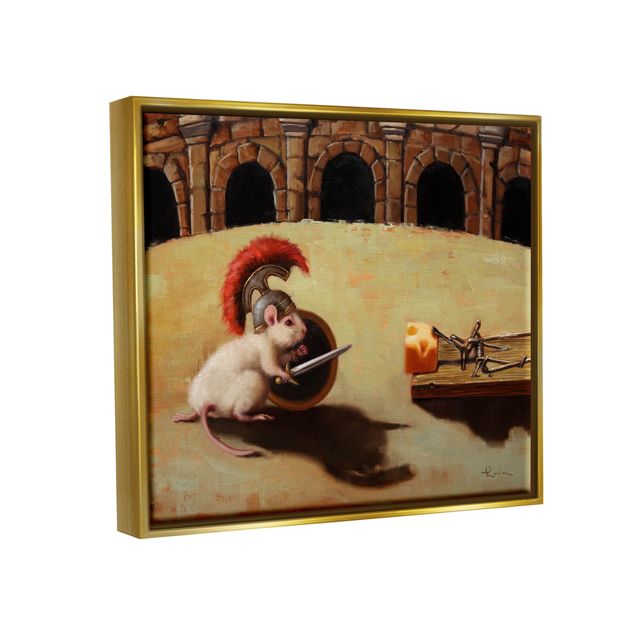 Mouse Vs Mousetrap Funny Battle Animals & Insects Painting Metallic Gold Framed Art Print Wall Art
