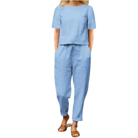 Fmbrln Womens Plus Size Summer Linen 2 Piece Sets Casual Crew Neck Short Sleeve Tops and Elastic Waist Pants with Pockets Sets Lounge Comfy Outfits Blue XL