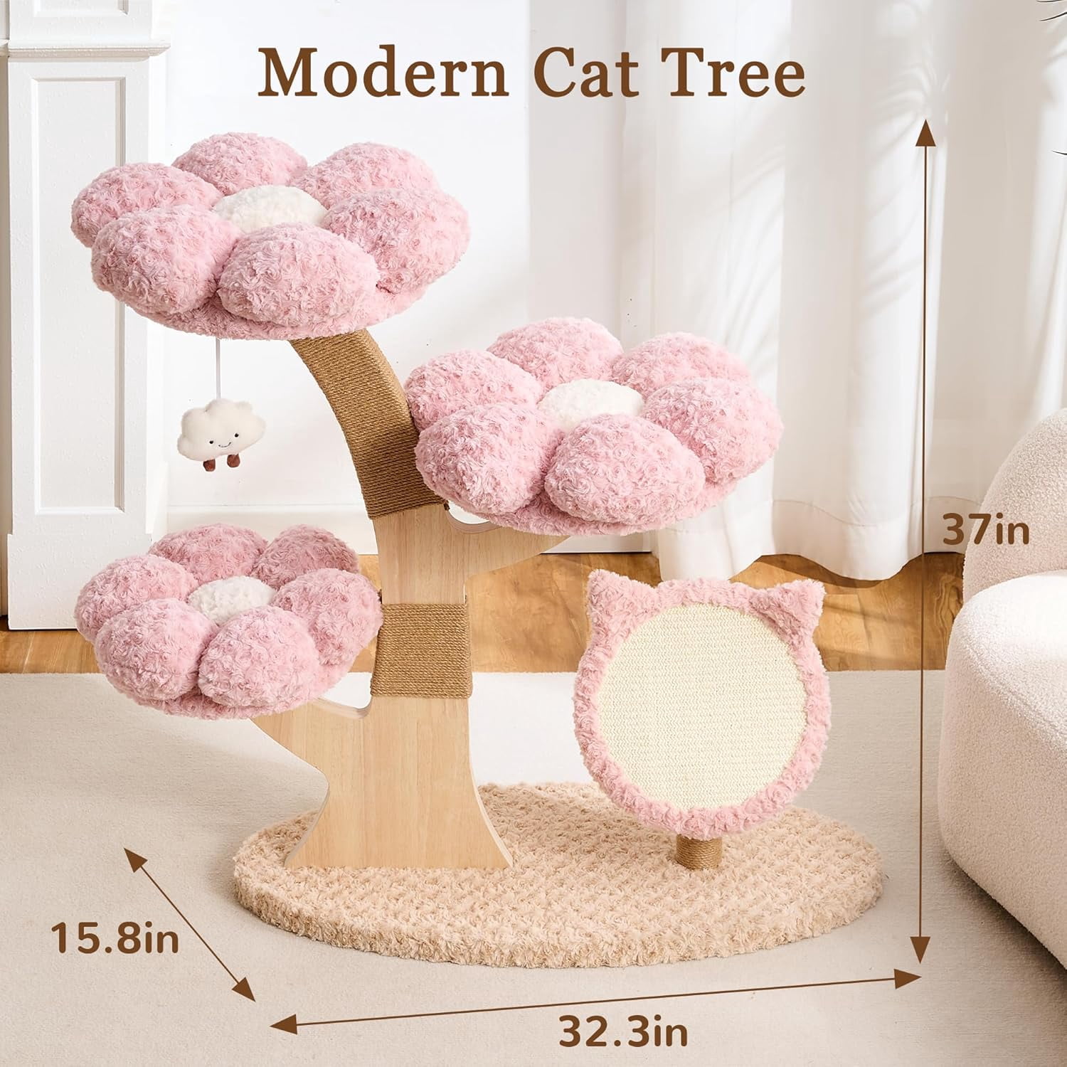 Modern Cat Tree Tower for Indoor Cats Large Adult, 37 inch Flower Cat Tree with Scratching Post, Luxury Aesthetic Cat Tree with Cloud-Soft Flower Perches and Physical Mouse-Sound Hanging Toy