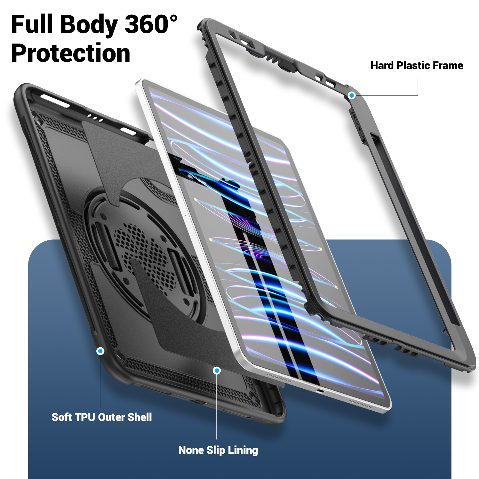 ELEHOLD Case for Apple iPad Pro 11 2022/2021/2020/2018/air4 10.9/air5,Soft TPU Rugged Durable Case with 360° Rotating Hand Strap & Foldable Hidden Stand & Pencil Holder,Black