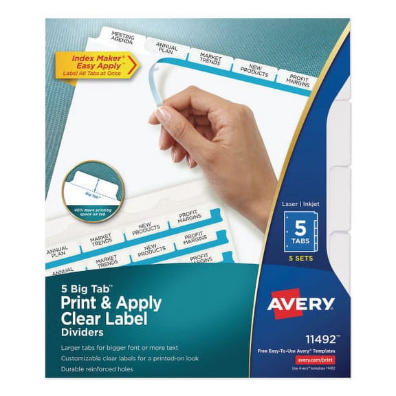 Avery Print and Apply Index Maker Clear Label Dividers, Big Tab, 5-Tab, White Tabs, 11 x 8.5, White, 5 Sets