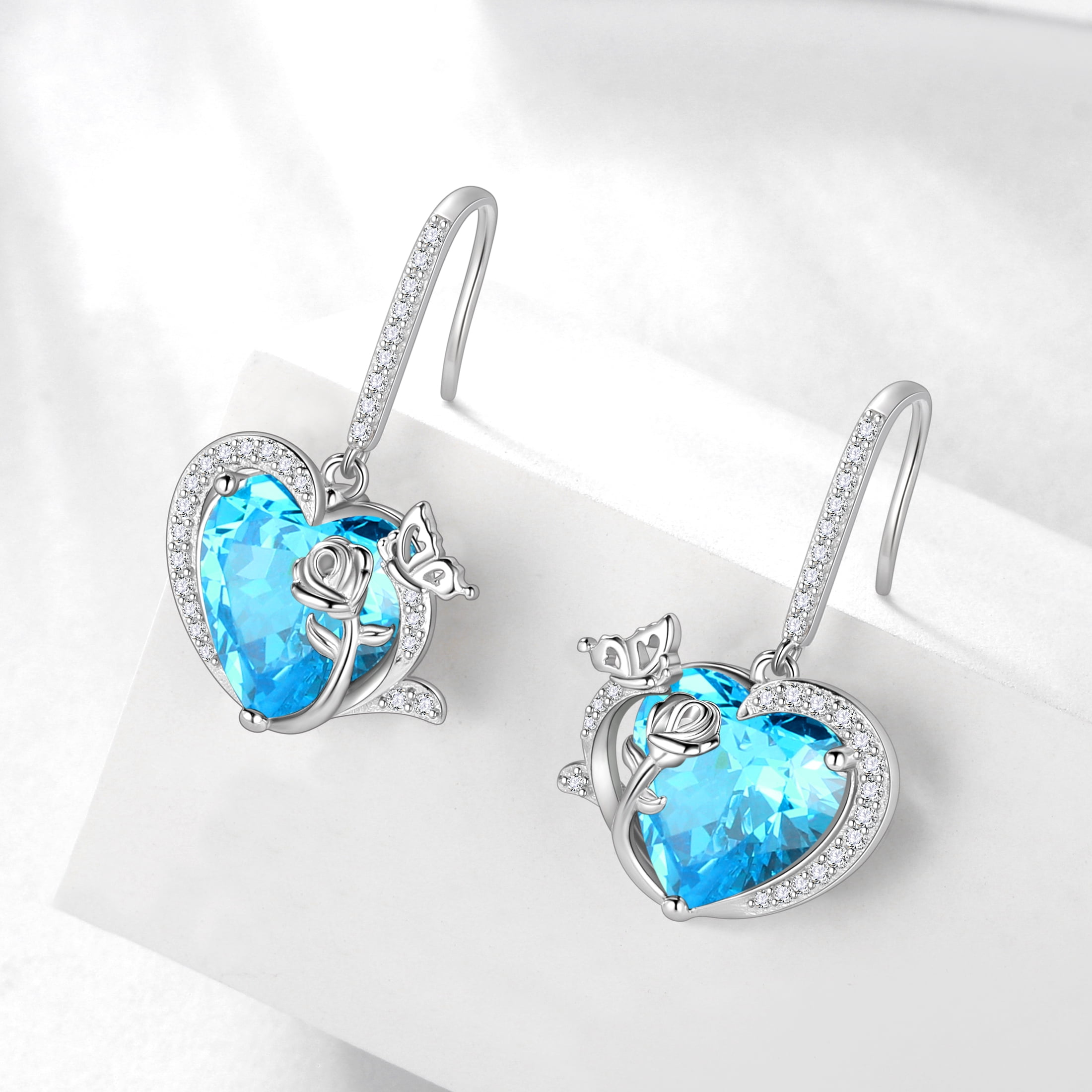 Juwaliy Women Drop Earrings March Birthstone Heart Aquamarine Blue Butterfly Flower Hook 925 Sterling Silver Earrings Valentines Christmas Jewelry Gift for Her