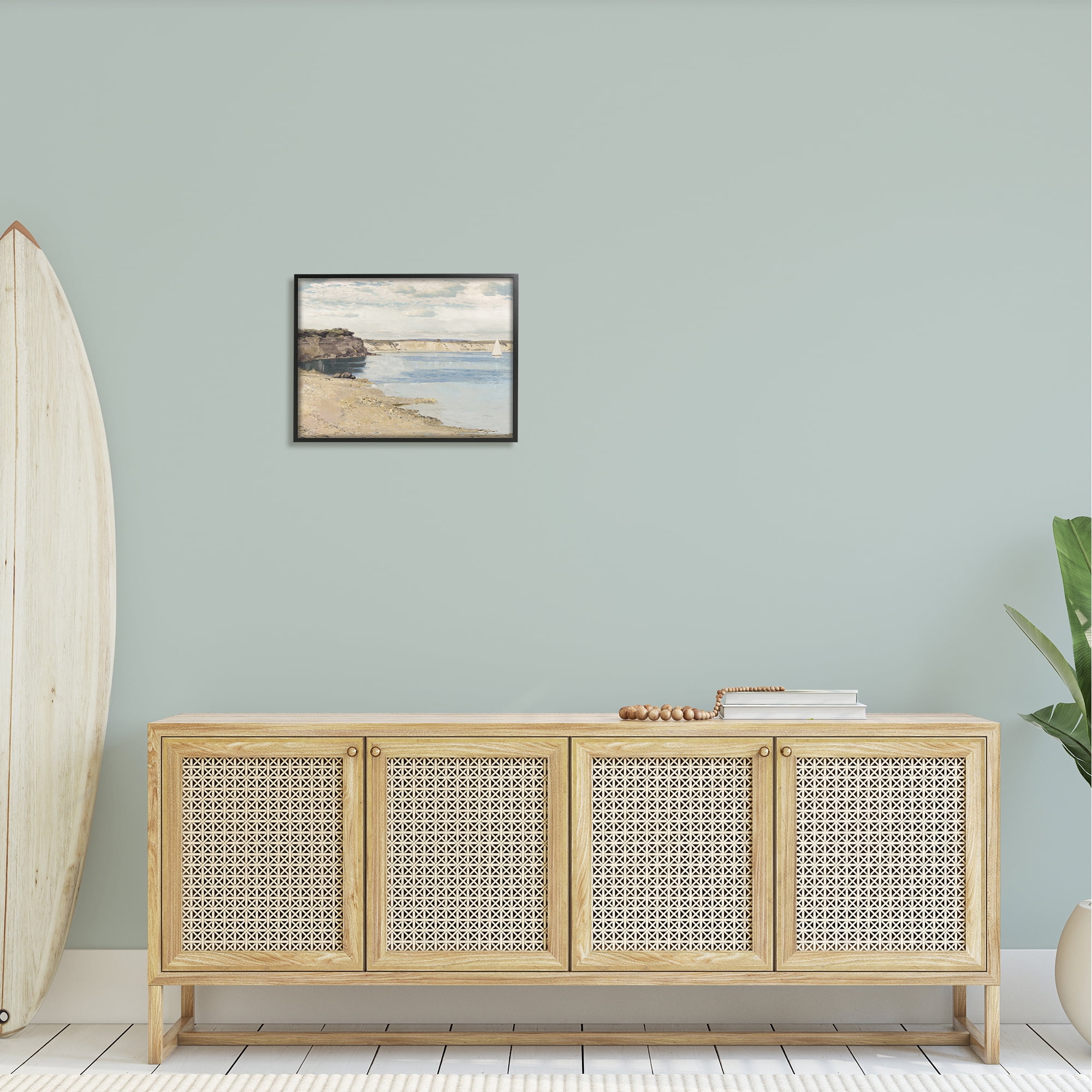Stupell Rocky Coastal Cove Sailboat Landscape Painting Black Framed Art Print Wall Art