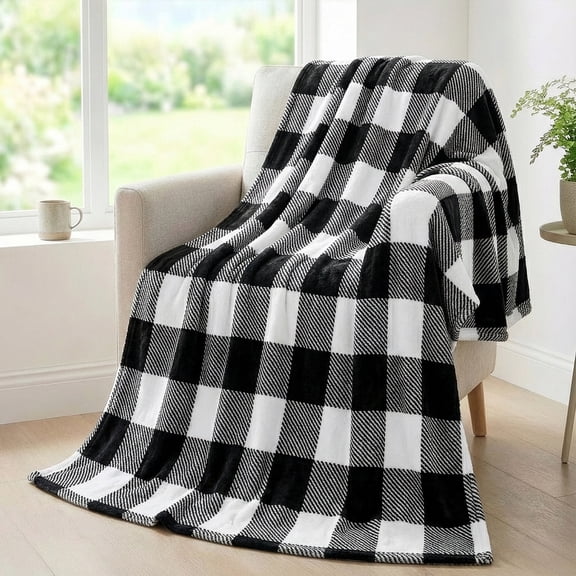 DecorX Buffalo Plaid Flannel Throw Blanket - Cozy, Soft & Stylish in Black/White/Gray - 50x60 Inches - Ideal for Christmas Farmhouse Decor