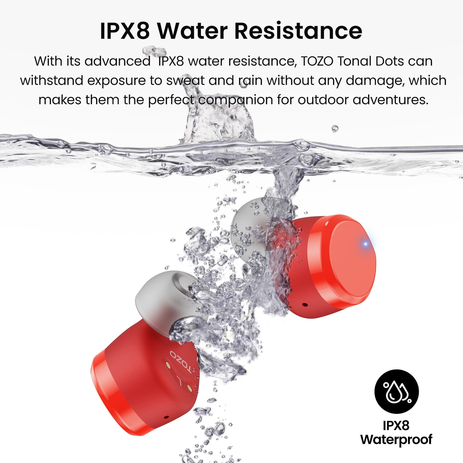 TOZO T12 Earbuds Bluetooth Wireless Headphones, 55H, ENC Noise Cancelling Mic, Premium Stereo Bass, Wireless Charge, IPX8 Waterproof, App-32EQ, LED Power Display, Red