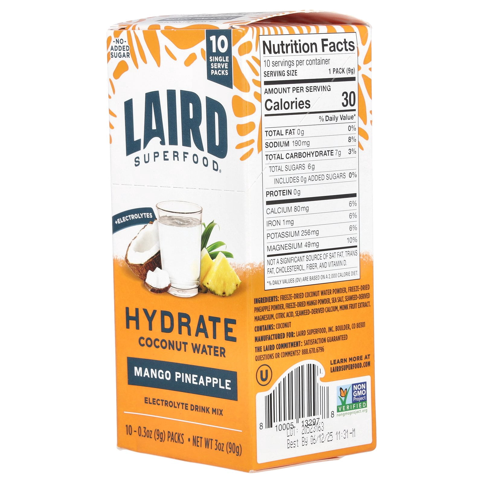 Laird Superfood Hydrate Coconut Water, Electrolyte Drink Mix, Mango Pineapple, 10 Single Serve Packs, 0.3 oz (9 g) Each