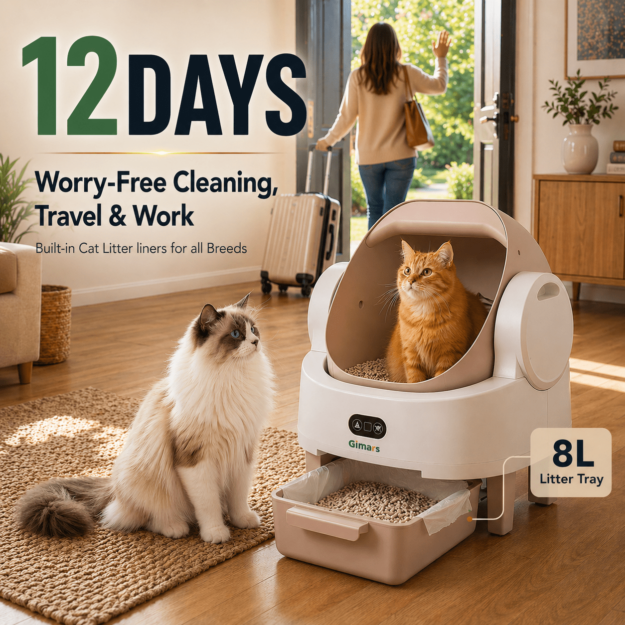 Gimars Self Cleaning Cat Litter Box, Open-Top, Large Capacity, Safety Sensors, For Multi Cats