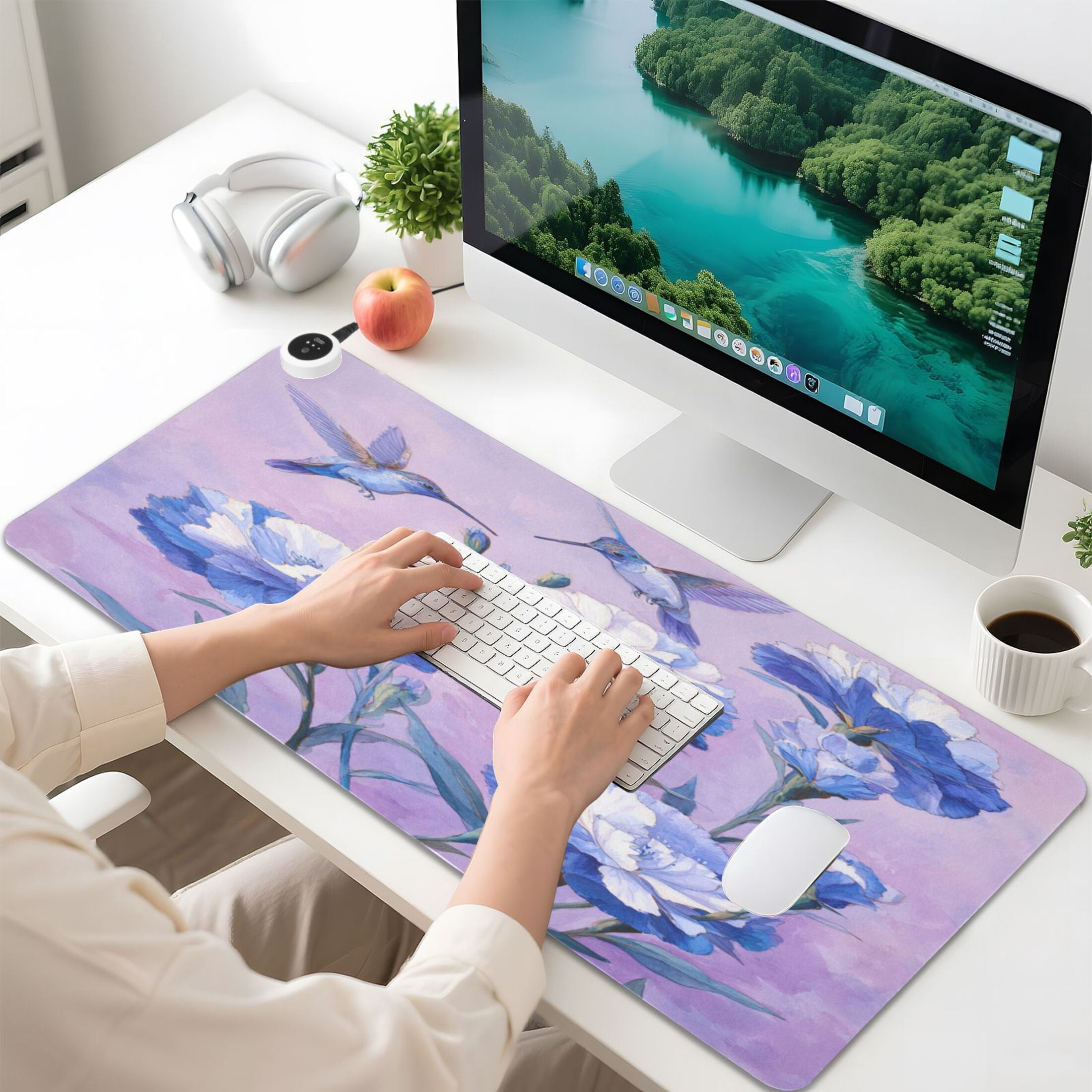Large Heated Desk Mat Mouse Pad 31.5"x13"PU Leather Graphene Heating Desk Warmer with 3 Temperature Settings 110V US Plug Non-Slip Warm Pad for Home, Office, and Gaming Birds and Deep Blue Flowers