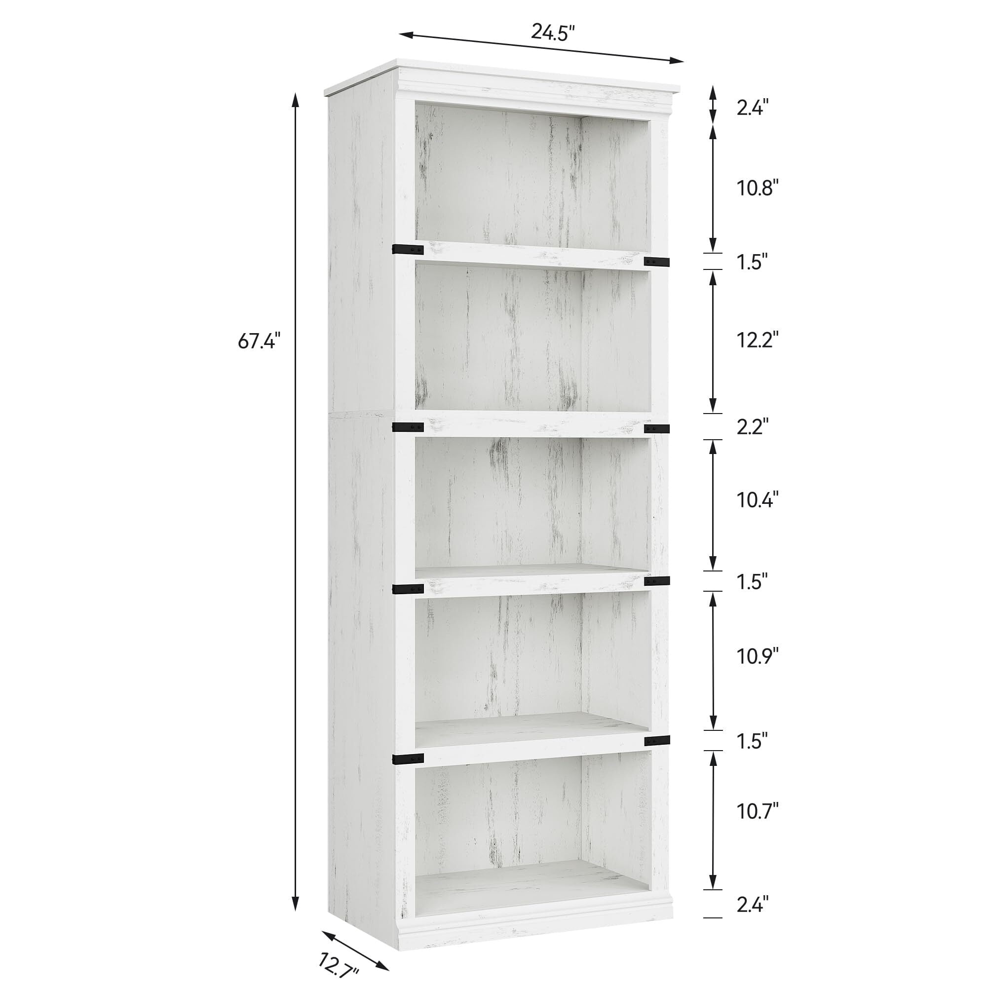 FOLDLIFE 5 Tier Bookcase, 67.4" Tall Farmhouse Bookcase with Storage Open Display Bookshelves, Wooden Book Shelves Home Decor Furniture for Home Office,White