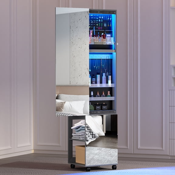 360° Rotating Jewelry Armoire with Sliding Full Length Mirror, 63'' Floor Standing 3 Color Dimmable Jewelry Organizer with 4 Wheels, Jewelry Cabinet with Rear Storage Shelves