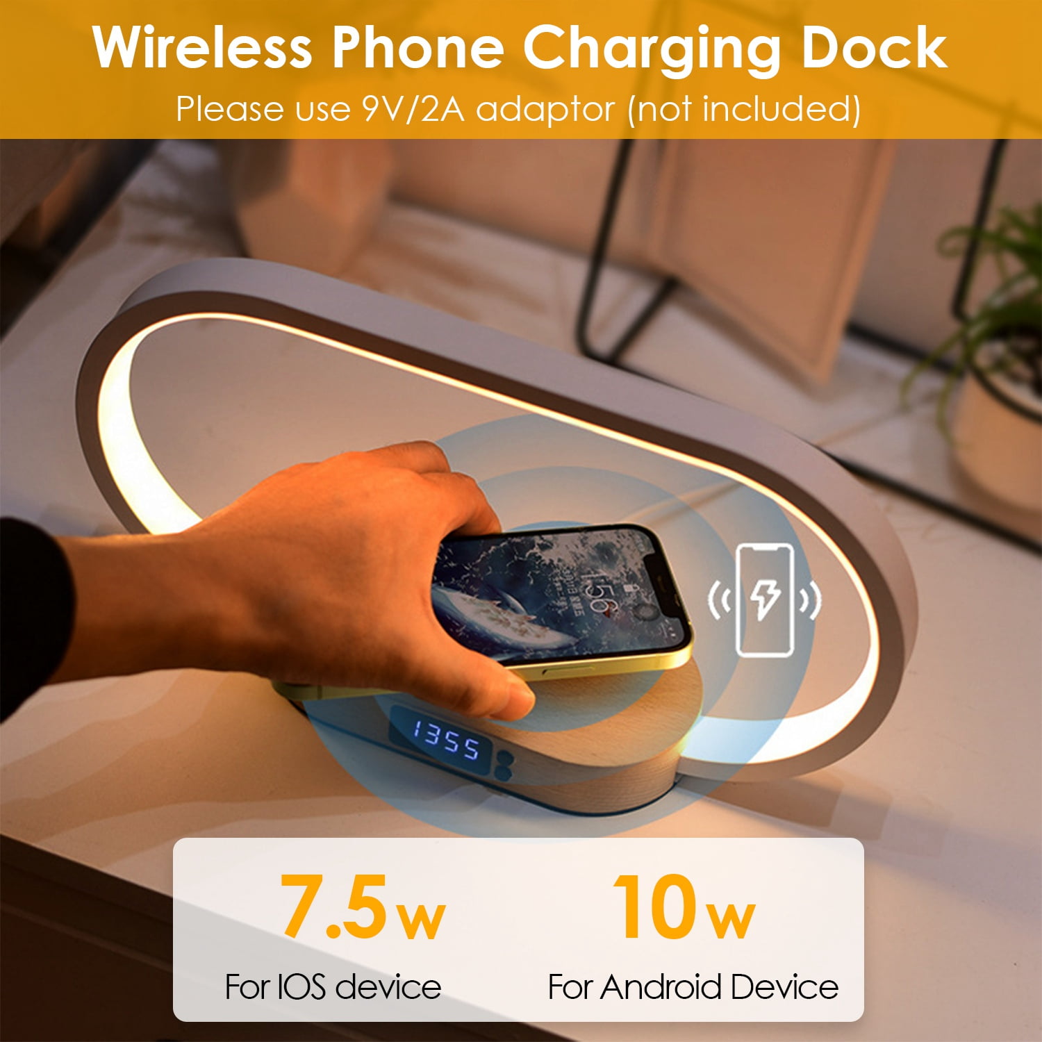 Moclever Bedside Table Lamp Wireless Charging LED Desk Lamp with Clock for Bedroom Office