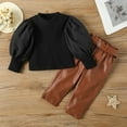 thumbnail image 2 of BLVB Toddler Baby Girl Fall Winter Outfits 2PCS Puff Sleeve Ribbed Sweater Tops Belted Leather Pant Trendy Clothes, 2 of 5