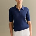 thumbnail image 5 of Women Hollow Knitted -Shirt Casual Short Sleeve Loose Lapel Solid Color Top Blue L, 5 of 7