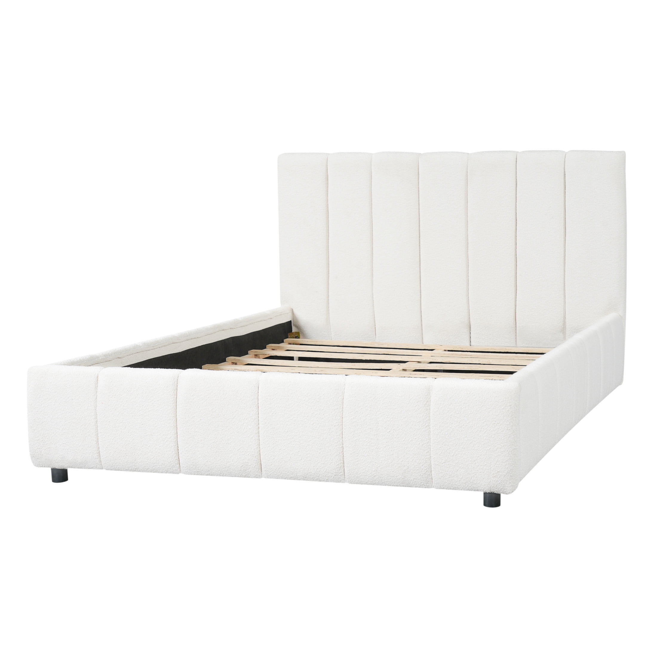 Christopher Knight Home Queen Boucle Upholstered Bed Frame with Vertical Tufted Thick Headboard, Off White