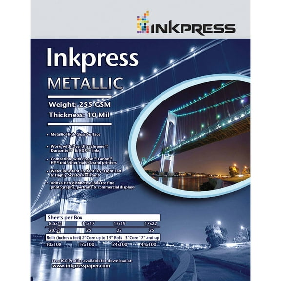 Inkpress Metallic Gloss Inkjet Paper, 255 gsm, 10 mil, Metallic Glossy Surface, 5x7", 50 Sheets