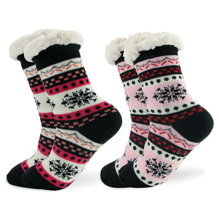 EZGO - 2 Pairs Thick Winter Slipper Socks Snowflake Fleece Lining Knit ...