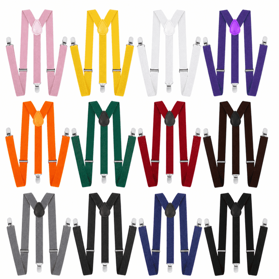 12 Pcs Solid Color Suspenders for Men Women,Adjustable Elastic Y Back Suspenders with 6 Durable Metal Clips,Ideal for Work Wedding Daily Outfit Universal Clothing Accessories Gift Set