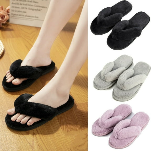 Womens Fuzzy Flip Flop Slippers Soft Plush Open Toe Slip, House Fluffy Furry Sandal Slides for Indoor Outdoor, Black