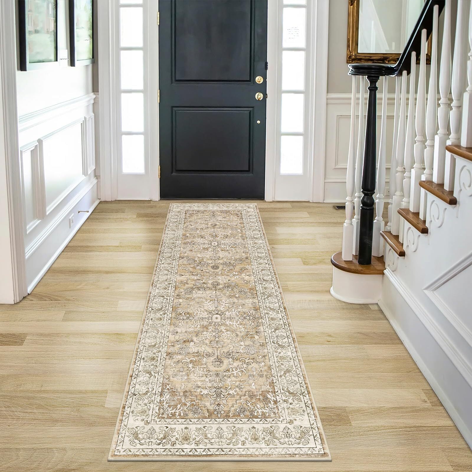 Findosom 2'x6' Vintage Boho Runner Rug Washable Non-slip Area Rug,Hallway Indoor Farmhouse Bedroom Kitchen Living Room Non Shedding Runner, Contemporary Low Plie Floor Carpet Doormat,Brown