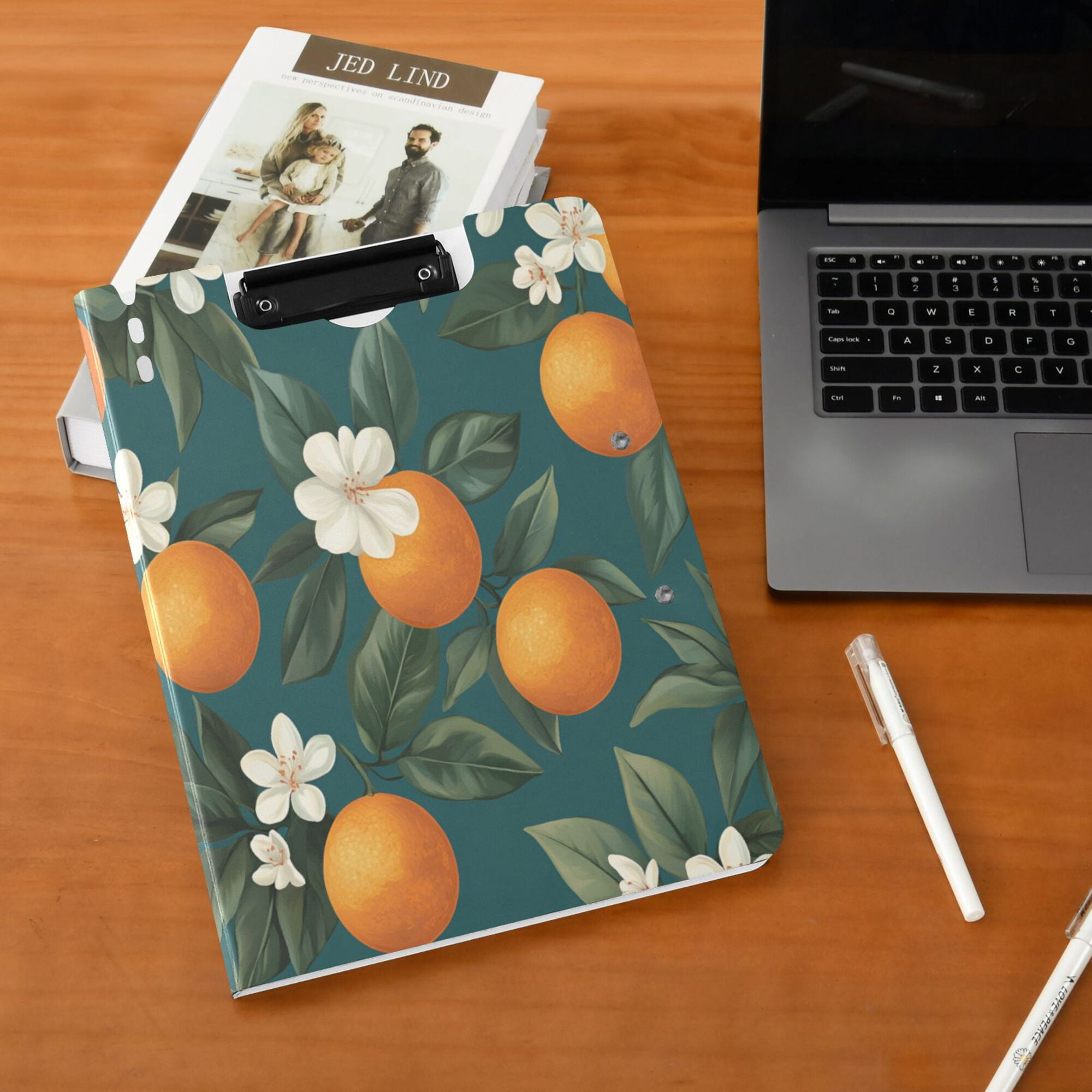FORMRS A4 Clipboard Folder with Pen Holder Horizontal Foldable School Office Binder, Retro Floral Orange