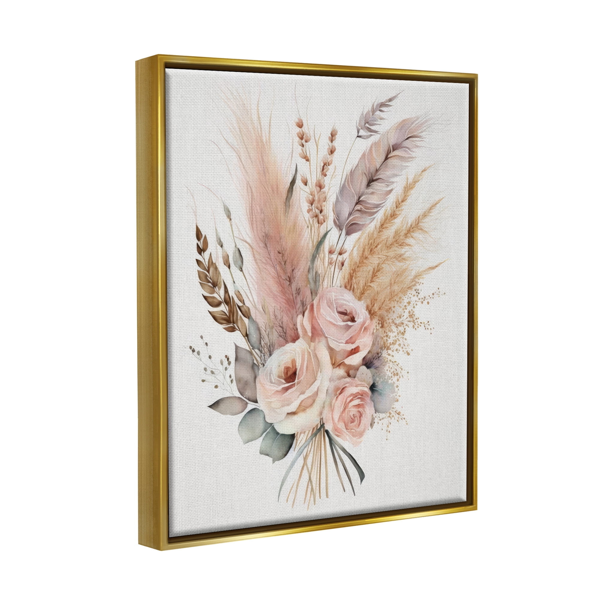 Stupell Industries Boho Feathers & Roses Botanical & Floral Painting Gold Floater Framed Canvas Art Print Wall Art, 25 x 31