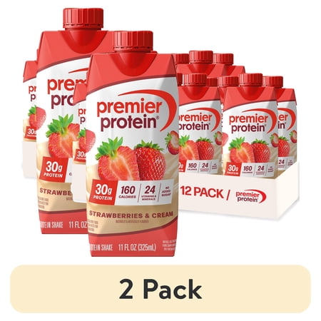 (2 pack) Premier Protein Shake, Strawberries & Cream, 30g Protein, 11 Fl Oz, 12 Ct