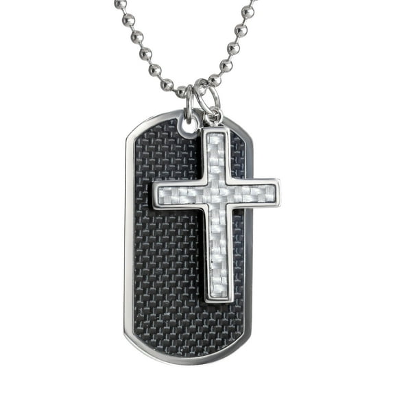Carbon Fiber 2 Piece Dog Tag and Cross Pendant Necklace in Stainless Steel on 22 Inches Long Ball Chain with Lobster Claw by Metro Jewelers