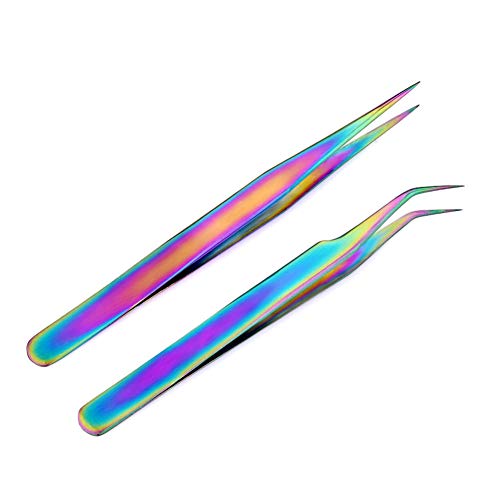 Aysekone 2 Pcs Rainbow Stainless Steel Curved Tweezers + Straight