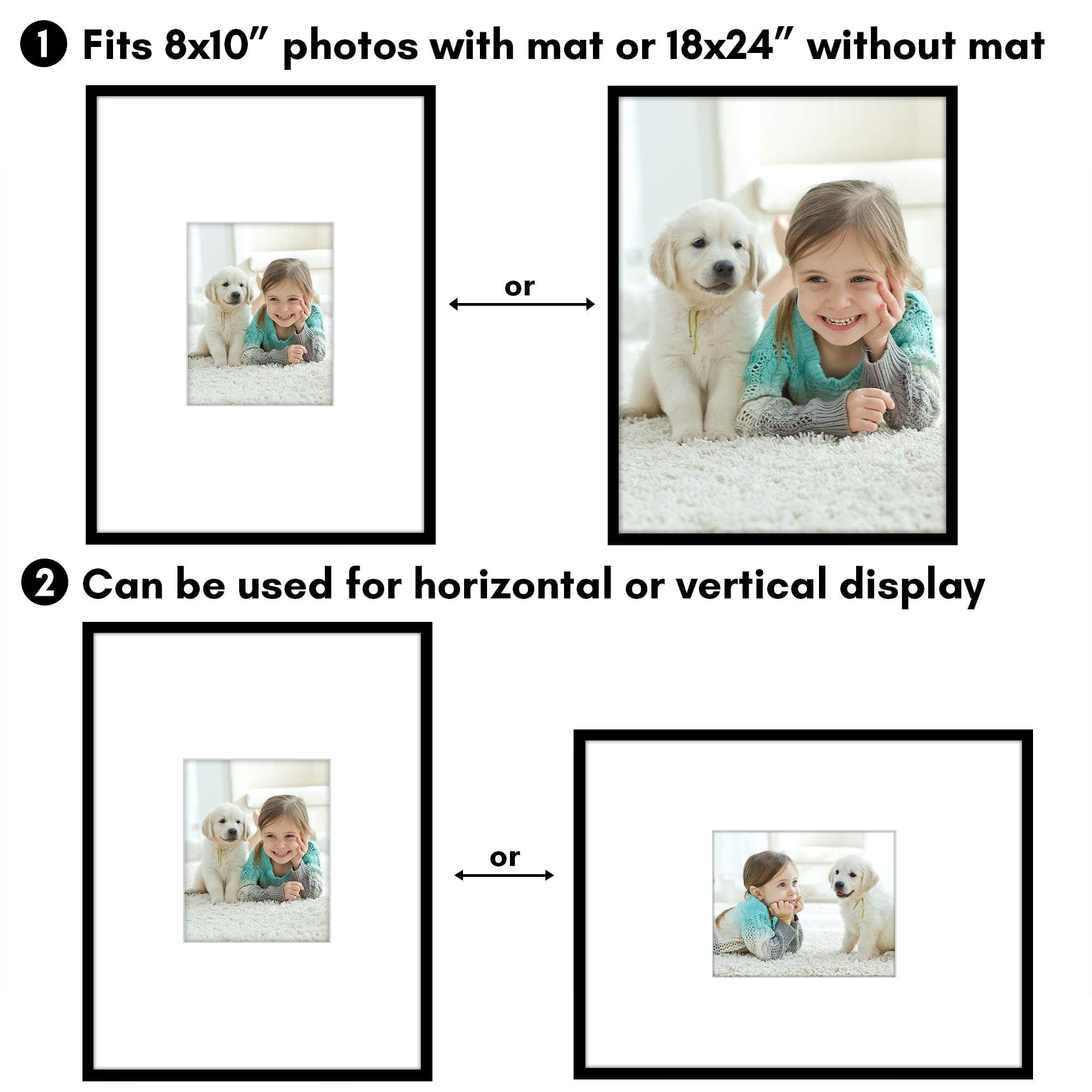 Americanflat 18x24 Poster Frame - Set of 3 - Use as 8x10 Frame with Mat or 18x24 Frame Without Mat - Black