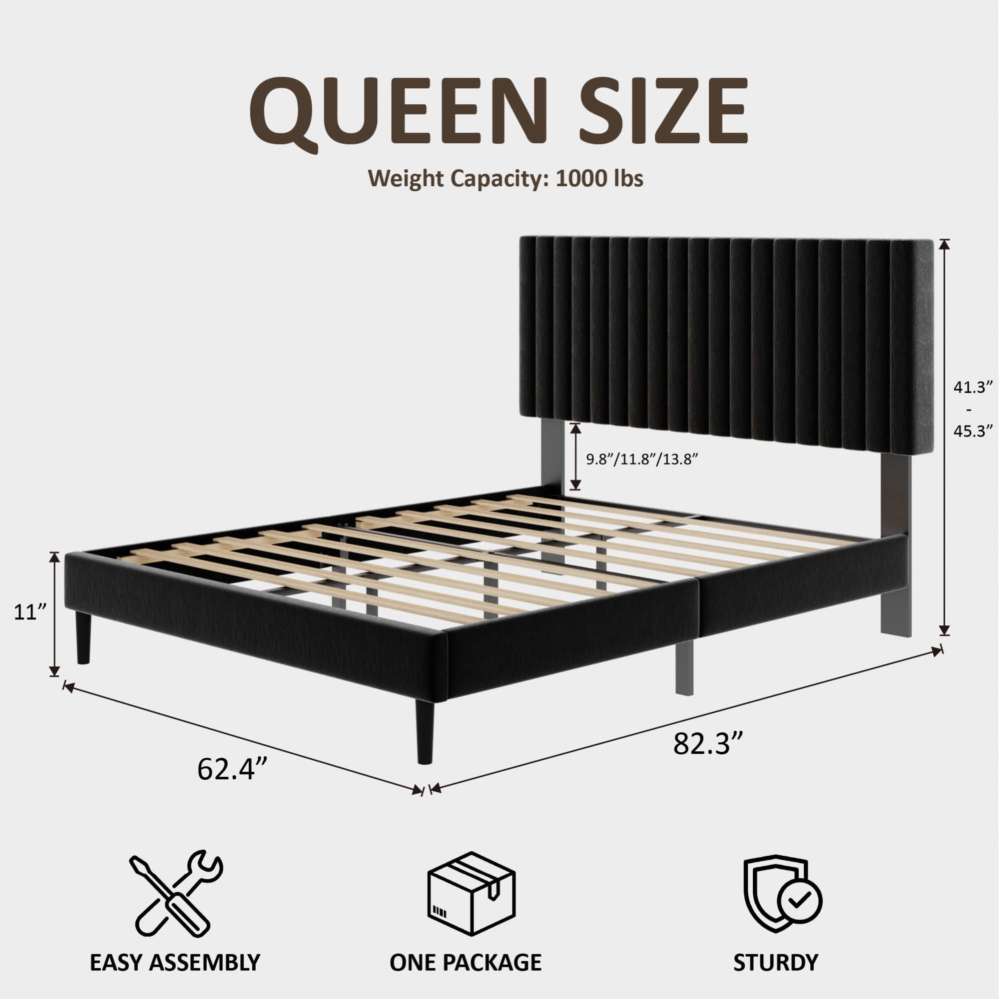 Leumius Queen Size Bed Frame,Velvet Upholstered Platform Bed Frame with Height-Adjustable Headboard,Sturdy Frame,Quiet Design,Easy to Assemble,Black