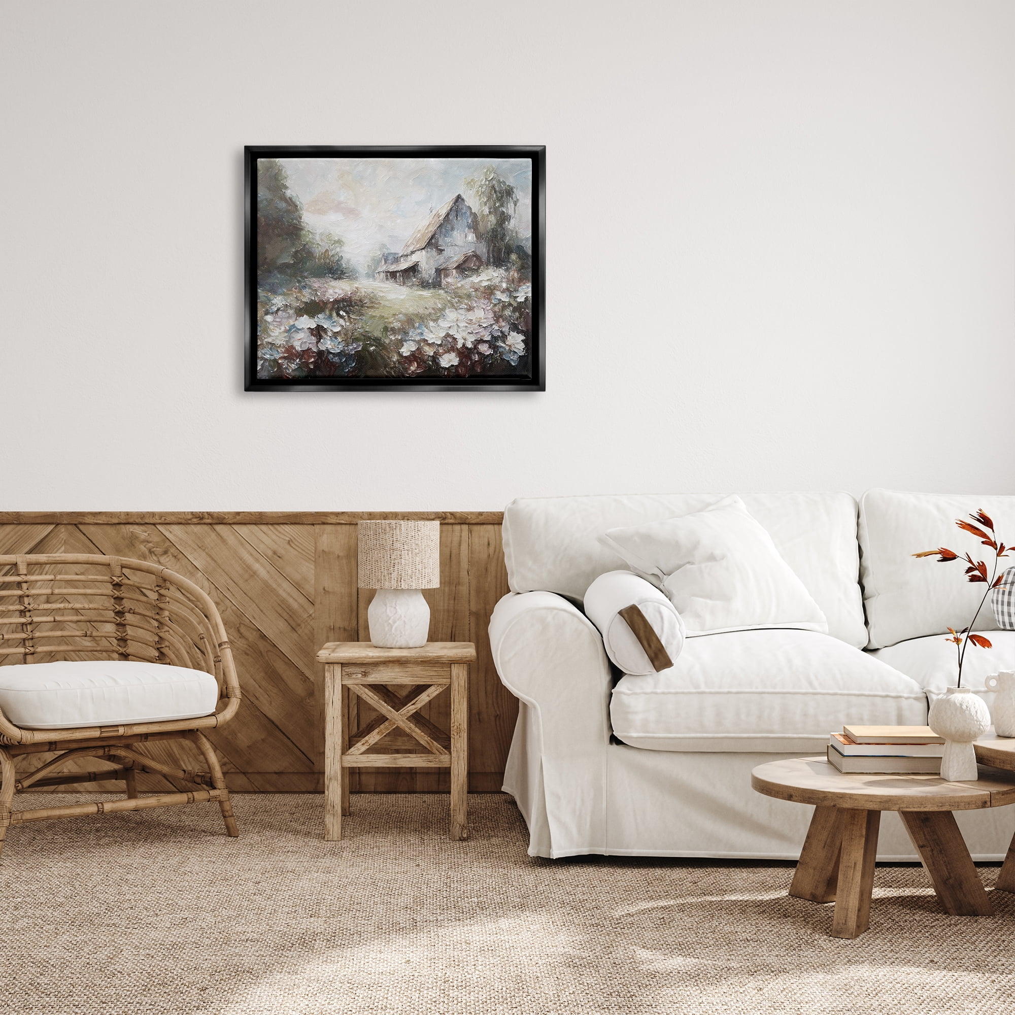 Stupell Industries Soft Meadow in Countryside Landscape Painting Black Floater Framed Canvas Art Print Wall Art, 31 x 25