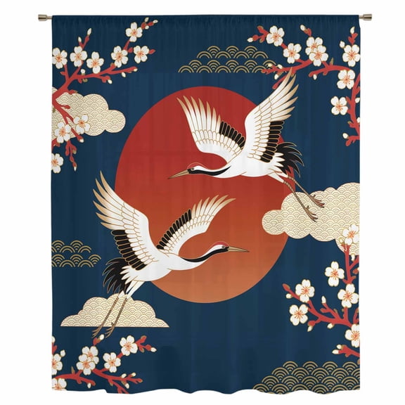 Japanese Style Sheer Curtains 72 Inches Long, Modern Cranes Cherry Flower Wave Navy Blue Light Filering Curtains, Breathable Simi Curtain Privacy Drapes for Living Room Bedroom Window Treatment