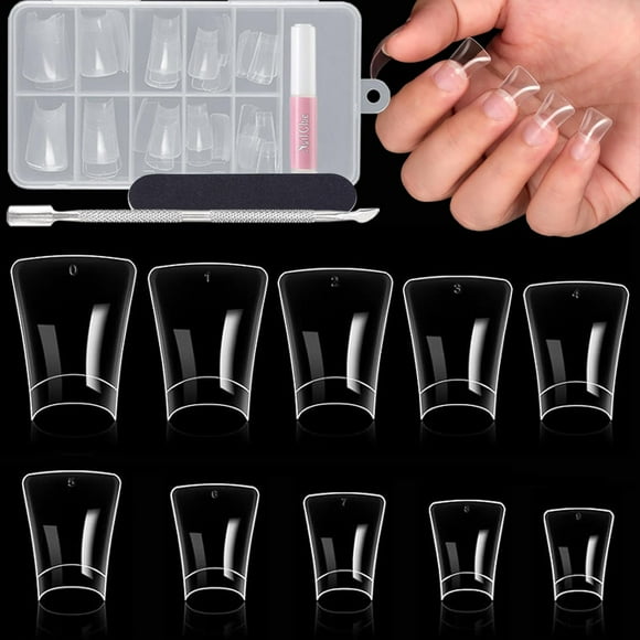 shiyou-100PCS Duck False nail tips Clear Duck Feet Styel Nail Tips for Acrylic Nails, Duck Nail Tips with Nail Glue Nail Files Cuticle Pusher Set Half Cover French Nail Tips for Home DIY Nail Salon
