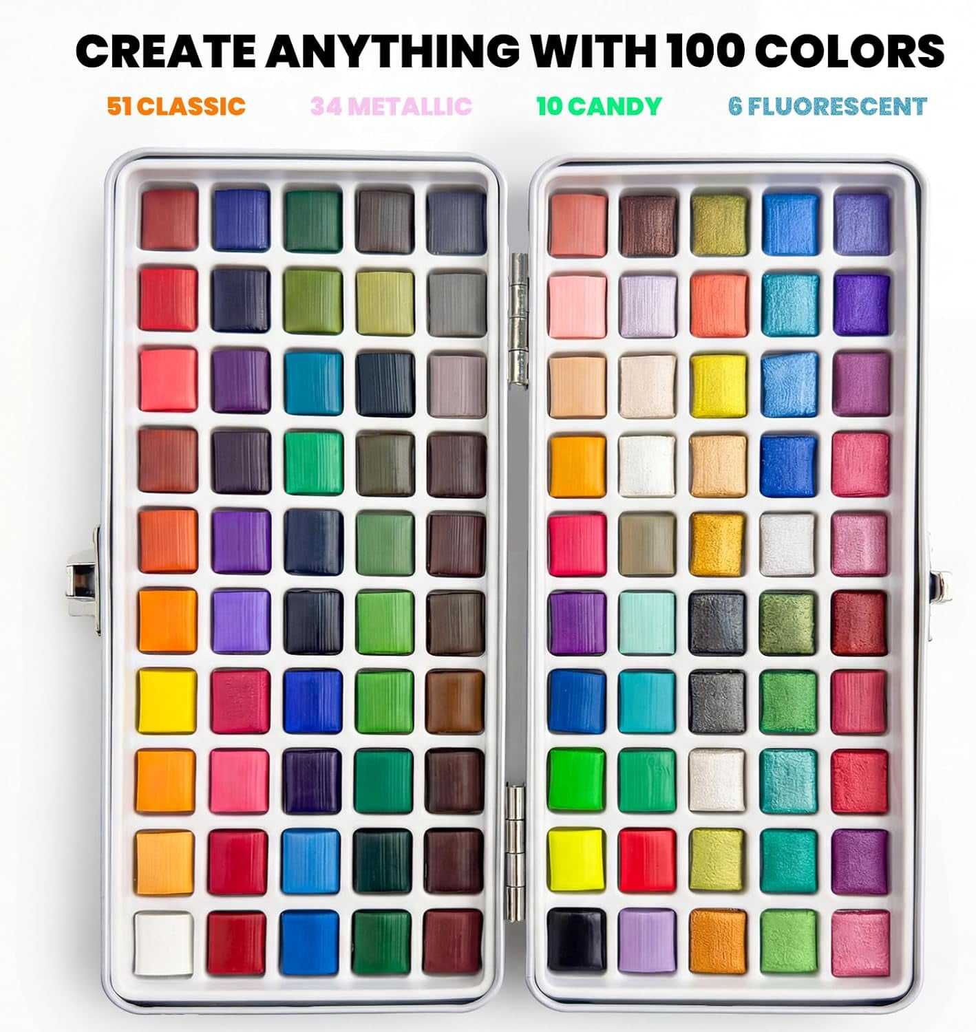 JusArt 100 Colors Watercolor Paint Set,Art Supplies with Metallic Color, Detail Painting Brushes, Water Brush Pens, Portable Travel Watercolor Painting Set for Adult, Artists, Professionals