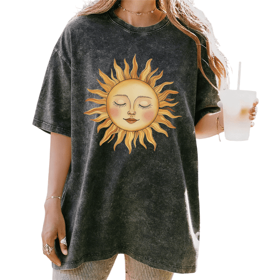 UNISHE Women's Boho Smiling Sun Face Vintage Washed Short Sleeve Crewneck T-Shirt Casual Oversized Tee