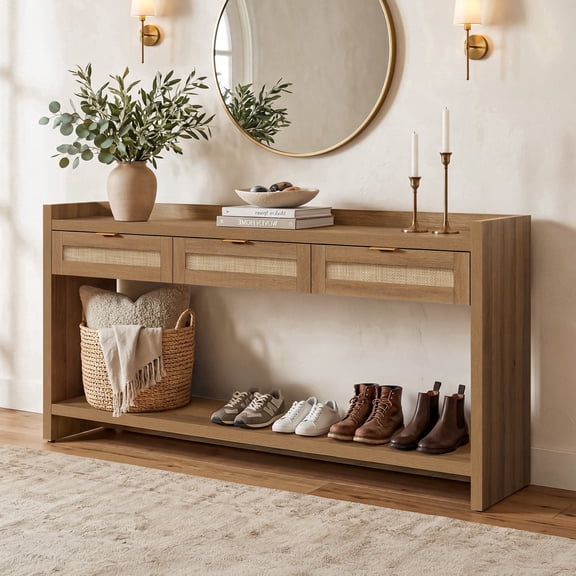 SICOTAS 60" Wide Rattan Console Table with 3 Drawers –Boho Farmhouse Coastal Entryway Table for Living Room, Hallway, Behind Sofa – Anti-Slip Raised Edge & Large Open Shelf – Reclaimed Caramel Oak