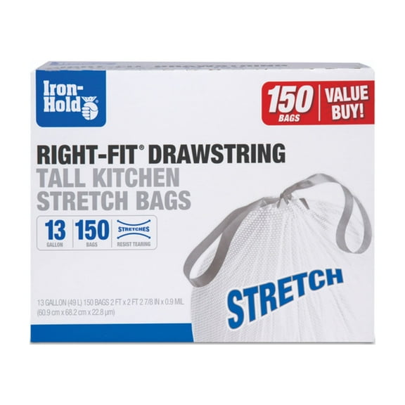 Iron Hold  13 gal Right-Fit Drawstring Tall Kitchen Bags, 150 per Pack