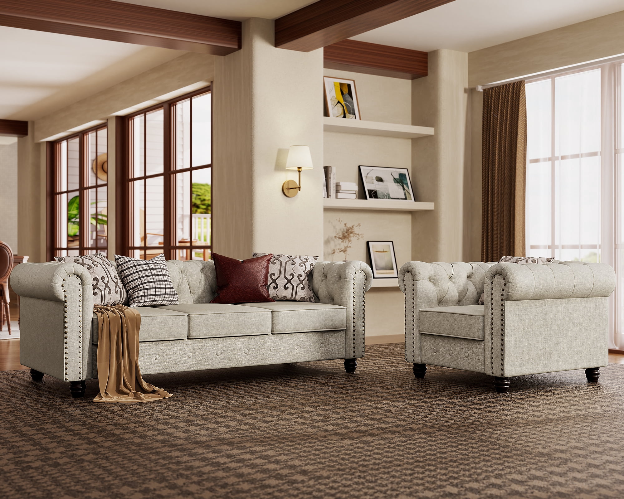 Morden Fort 2 Pieces Living Room Sofa Set, Chesterfield Sofa and Chair Set, Linen Fabric, Beige