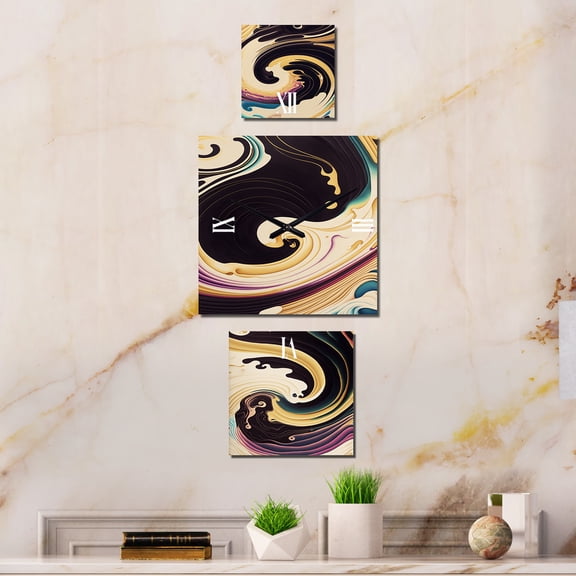 Designart "Swirl in Purple, Gold, and Blue I" Abstract Spirals Multipanel Clock For Living Room Décor - Large Contemporary Wall Clock - Oversized Purple Wall Clock - Set Of 3