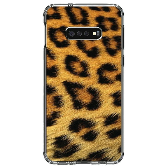 DistinctInk Clear Shockproof Hybrid Case for Samsung Galaxy S10e (5.8" Screen) - TPU Bumper, Acrylic Back, Tempered Glass Screen Protector - Brown Black Leopard Fur Skin Print