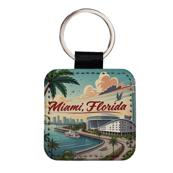 Miami, Florida FL Travel City State Stamp Faux Leather Square Keychain