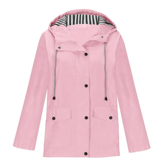 SROBPTY Fall Jackets for Women Lightweight Waterproof Outdoor Hiking Raincoats with Pocket Drawstring Hooded Windbreaker Trench Coats Plus Size Warm Outdoor Travel Jacket Pink S