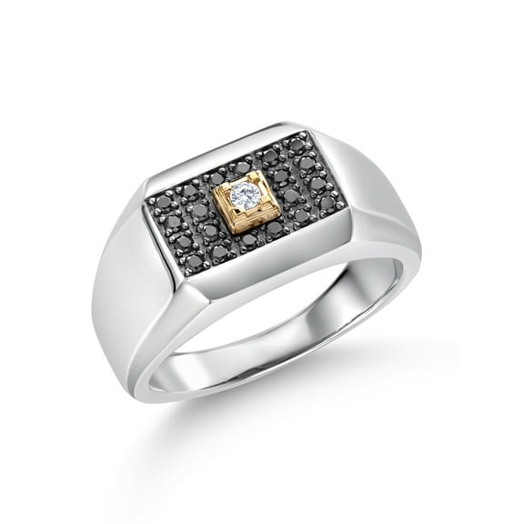 Gem Stone King Men's 925 Sterling Silver and 10K Yellow Gold Black Diamond and White Lab Grown Diamond Ring (0.29 Cttw, Available in Size 7,8,9,10,11,12,13)
