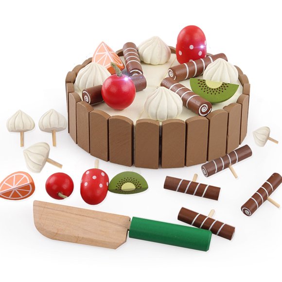 Wooden Play Birthday Cake Toy Set Brown Pretend Food With Cutting Function Candles For Kids Party Role Play 37 Pcs