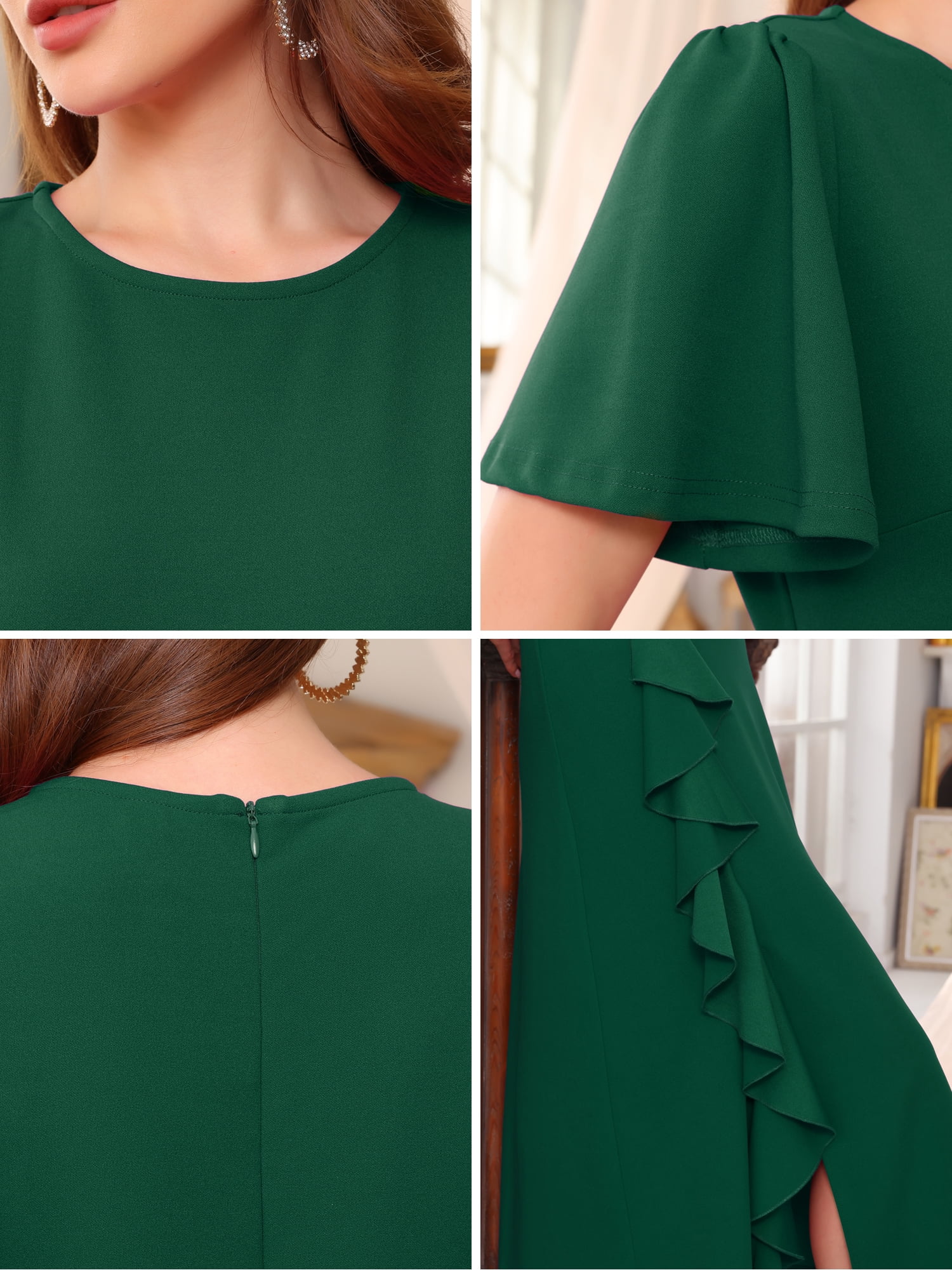 DARING DIVA Women's Ruffle Crew Neck Short Sleeve Formal Cocktail Dress S Dark Green