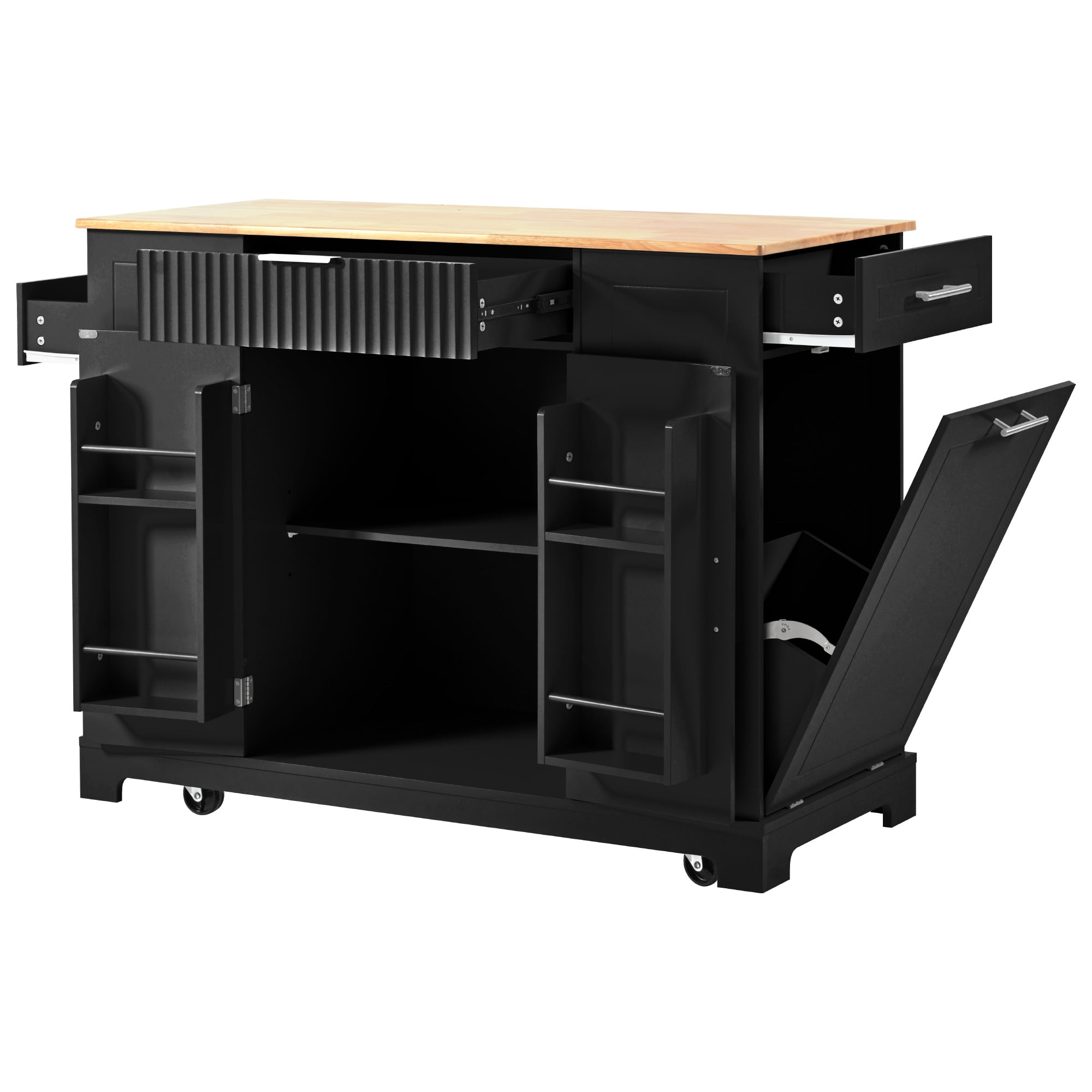 Homy Casa Kitchen Island with Power Outlet, Hidden Trash Bin, Rolling Storage Cabinet with Drawers, Black