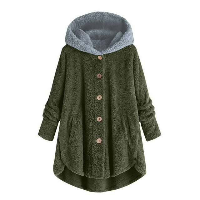 Lindbes Clearance Womens Plus Size Button Jacket Plush Solid Color Hooded Jacket Loose Cardigan Coat Winter Jacket Sweater